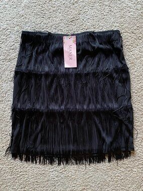NWT MANER Black Tiered Fringe Flapper Mini Skirt Large